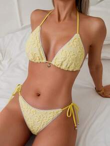 SHEIN Swim 女款夏季度假黃色向日葵布料比基尼套裝，白色蕾絲，金屬貝殼裝飾清新泳裝海灘穿搭 - 黃色 - 查看 4