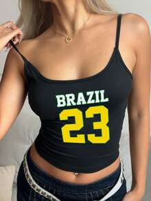 Attitoon Casual Minimalist Brazil Letter & Number 23 Print Sexy Camisole Tank Top, Suitable For Summer World Cup, Jersey, Sports Season, Football Uniform, Match - Black - View 2