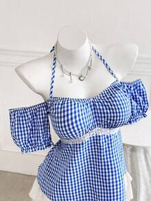 Sweetra Plus Size Summer Casual Plaid Cold Shoulder Halter Shirt - Blue - View 5