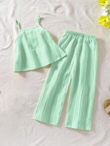 SHEIN Young Girl Summer Casual Solid Color Ruffle Hem T-Shirt And Pants Set - Green - View 2
