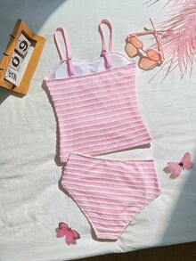 SHEIN 2026新款青少年女孩坦基尼套裝，粉色特殊面料兩件式泳衣，時尚休閒優雅淑女運動風，活潑可愛俏皮活力，適合游泳、度假、夏季海灘泳池、拍照，復古可愛，修身，夏季必備泳衣，清新風格，經典黑白波點，肩帶設計+抓皺腰部，甜美淑女，泳池派對度假游泳拍照吸睛 - 彩色 - 查看 2