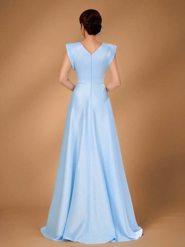 Serin 優雅淺藍色緞面V領無袖A字版型3D花卉貼飾正式長禮服附口袋，適合新娘母親、婚禮賓客、晚宴、舞會及其他場合 - 藍色 - 查看 5