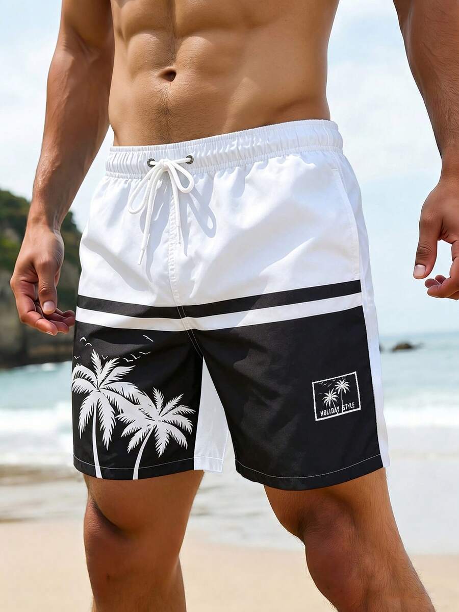 Oro Vacation 男士夏季海灘度假熱帶棕櫚樹對比色印花抽繩腰海灘短褲,度假款 - 彩色 - 查看 1