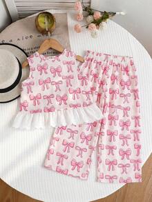 Emery Rose Kids Emery Rose Kids 女童蝴蝶结印花圆领蕾丝下摆背心和休闲裤套装 - 粉色 - 查看 3