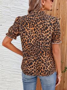 Breezaya City Casual Vacation Striped V-Neck Puff Sleeve Short Sleeve Shirt - Coffee Brown - View 2