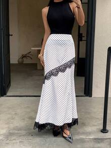 Yunfilé 女款優雅法式波點蕾絲飾邊長裙，秋季單身派對酒吧派對，黑白配色 - 白色 - 查看 6