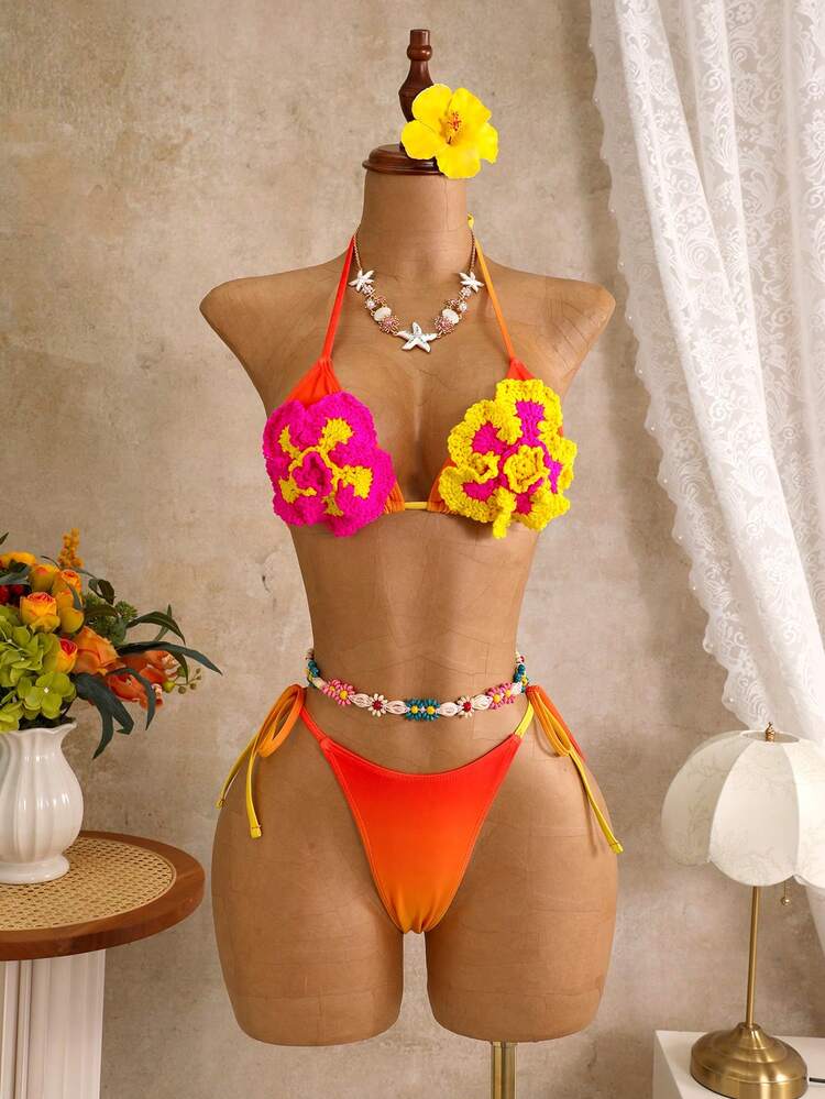 Bellisia Women's Halter Pink And Yellow Tie-Dye Bikini Set With