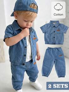 SHEIN Playful Pals 2pcs Toddler Casual Washed Denim Shirt Set, Including Short Sleeve Collared Shirt And Cuffed Pants, Lightweight Denim Outfit Suitable For Baby Boy Daily Wear In Summer - Blue - View 7
