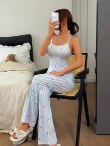 Dream Adore Pink Heart & Striped Print Camisole And Pants Women Pajama Set - Multicolor - View 6