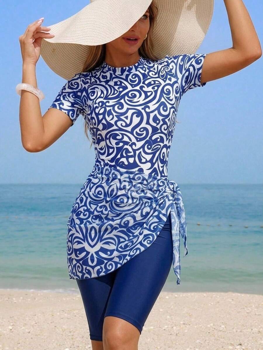 Swim Mulvari 3件套女士印花圆领短袖上衣、纯色打底裤和系带披肩裙套装 - 藍色 - 查看 1