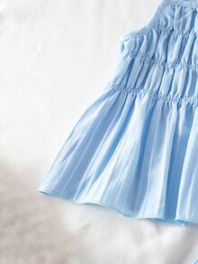 SHEIN Elladie kids 夏季波西米亚风柔软舒适女童纯色褶皱吊带背心和裤子套装，女童两件套夏季套装，浅蓝色女童套装，夏季裤装套装 - 淺藍色 - 查看 8
