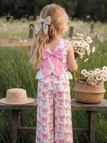 Emery Rose Kids Emery Rose Kids 女童蝴蝶结印花圆领蕾丝下摆背心和休闲裤套装 - 粉色 - 查看 9