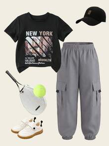 2pcs Boys' Spring/Summer Outfit Set - Printed Black Short Sleeve T-Shirt Paired With Cargo Pants, Casual Versatile Suit - Multicolor - View 4