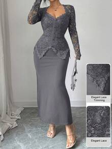 Modelyn Lace Patchwork Button Waist Fitted Plus Size Women Dress - Grey - View 5
