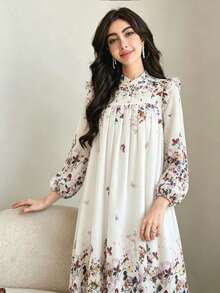 Al Najma Vestido elegante con patrón floral fruncido con pañuelo para la cabeza - Multicolor - Ver 3