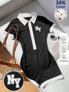 SHEIN Tween Girls RetroCollegeStyle Brown White Contrast Color Polo Collar Romper,Blackandwhite,Casual,Summer,Back-To-School,DailyWear,Random 1pc Sent - Black and White - View 7