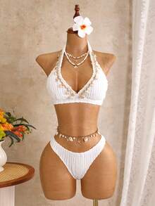 Swim Lushoire Set da 3 pezzi da donna composto da bikini con collo alto senza spalline, di colore tinta unita, adatto per matrimoni e feste in giardino, con decorazioni a forma di stella marina e conchiglia, più una minigonna in rete annodata dello stesso colore. - Bianco - Visualizzare 4