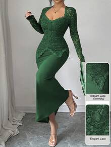 Modelyn Square Neck Lace Patchwork Button Waist Fitted Plus Size Dress For Women - Dark Green - View 7