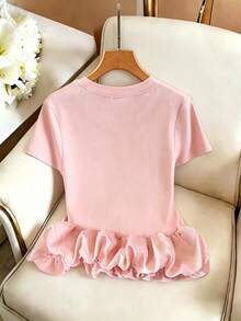 GlowEve Women's Summer Fashion Round Neck Knit Patchwork Bubble Hem T-Shirt - Baby Pink - View 2