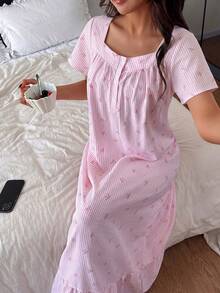 Napfluff Pink Striped Bow Print Ruffle Hem Loose Mid-Length Short Sleeve Women Nightgown - Multicolor - View 3