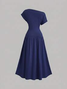 Sweetra Women's Elegant Solid Color Asymmetrical Shoulder Long Dress - Blue - View 2