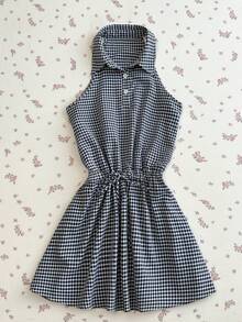 Elamini Spring Summer Autumn Woven Plaid Sweet Fashion Elegant Shirt Collar Front Button Sleeveless Off-Shoulder Cinched Waist A-Line Short Dress For Women - Multicolor - View 3