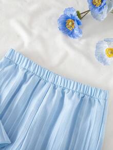 SHEIN Elladie kids 夏季波西米亚风柔软舒适女童纯色褶皱吊带背心和裤子套装，女童两件套夏季套装，浅蓝色女童套装，夏季裤装套装 - 淺藍色 - 查看 6