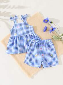SHEIN Vintaside Kids 2件套女婴幼儿/新生儿0-3岁日常休闲可爱格子蝴蝶结装饰蓝色蝴蝶结图案吊带背心+短裤套装，柔软舒适的面料，适合返校、假期、夏季穿着、旅行、派对等场合。 - 藍色 - 查看 2