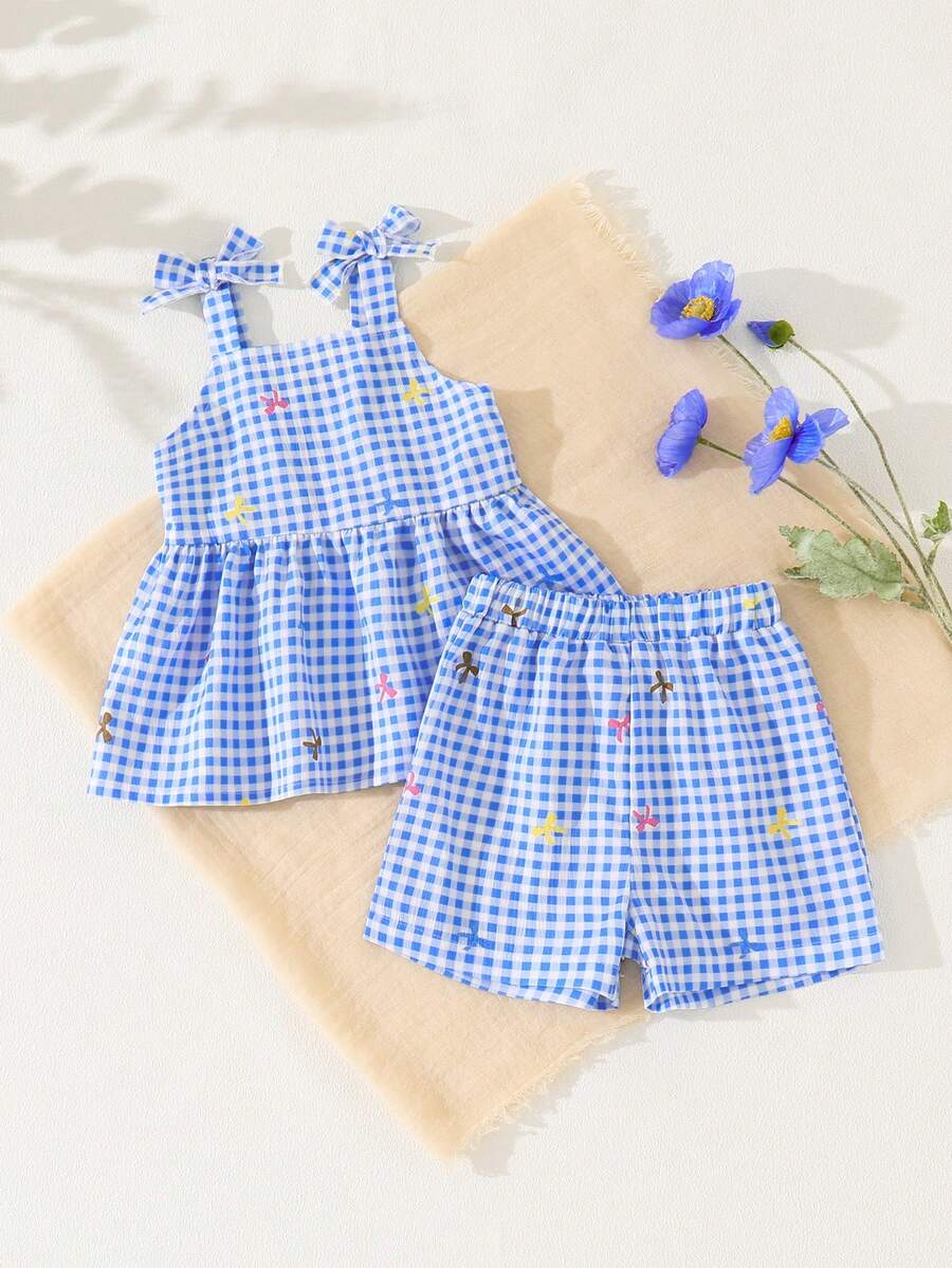 SHEIN Vintaside Kids 2件套女婴幼儿/新生儿0-3岁日常休闲可爱格子蝴蝶结装饰蓝色蝴蝶结图案吊带背心+短裤套装，柔软舒适的面料，适合返校、假期、夏季穿着、旅行、派对等场合。