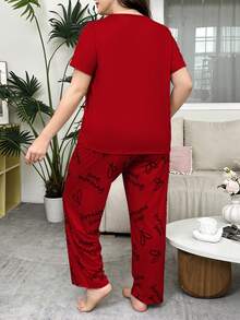 SHEIN 字母爱心印花短袖睡衣套装，加大码 - 紅色 - 查看 2