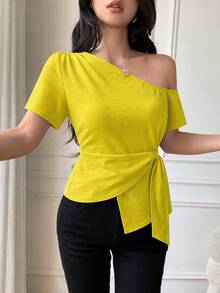 Celisse Elegant Tie-Knot Shoulder Collar Design Casual Slim Fit Blouse For Women - Yellow - View 3