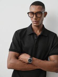 MENRIVO 男士纹理图案短袖 Polo 衫，夏季休闲时尚 - 黑色 - 查看 1