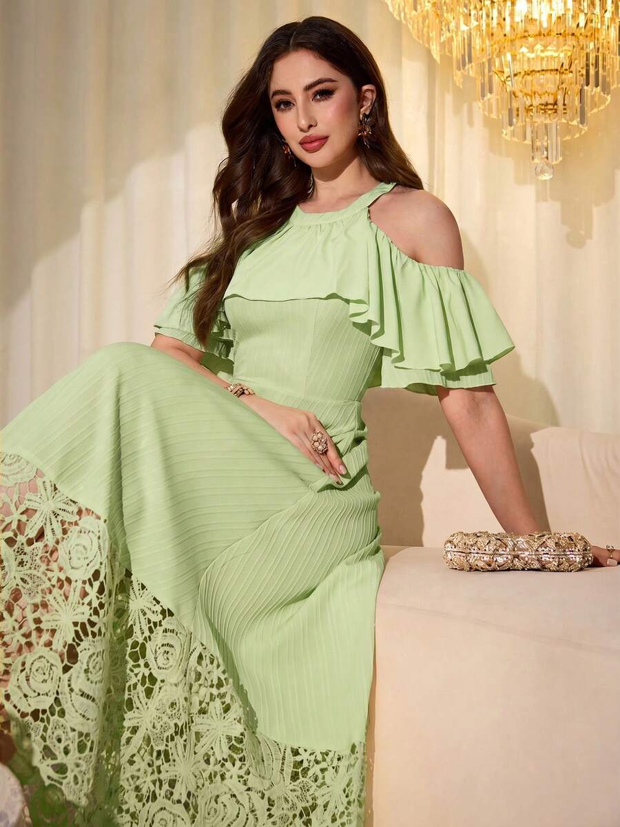 Modelyn Sweet & Youthful Yellow Elegant Ruffle Off-Shoulder Embroidered Patchwork Mid-Length Dress For Women - Green - View 1