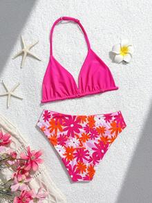 SHEIN Tween Girl Fuchsia Floral & Leaf Print Reversible Halter Bikini Set, Vacation Style Suitable For Beach, Summer, Holiday, Swimming Pool Party - Hot Pink - View 5