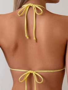 SHEIN Swim 女款夏季度假黃色向日葵布料比基尼套裝，白色蕾絲，金屬貝殼裝飾清新泳裝海灘穿搭 - 黃色 - 查看 6