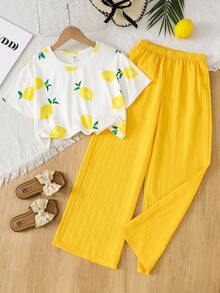 Tween Girl 2 Pieces Set, Fresh Lemon Print Round Neck Short Sleeve Top And Wide Leg Pants, Summer - Yellow - View 2