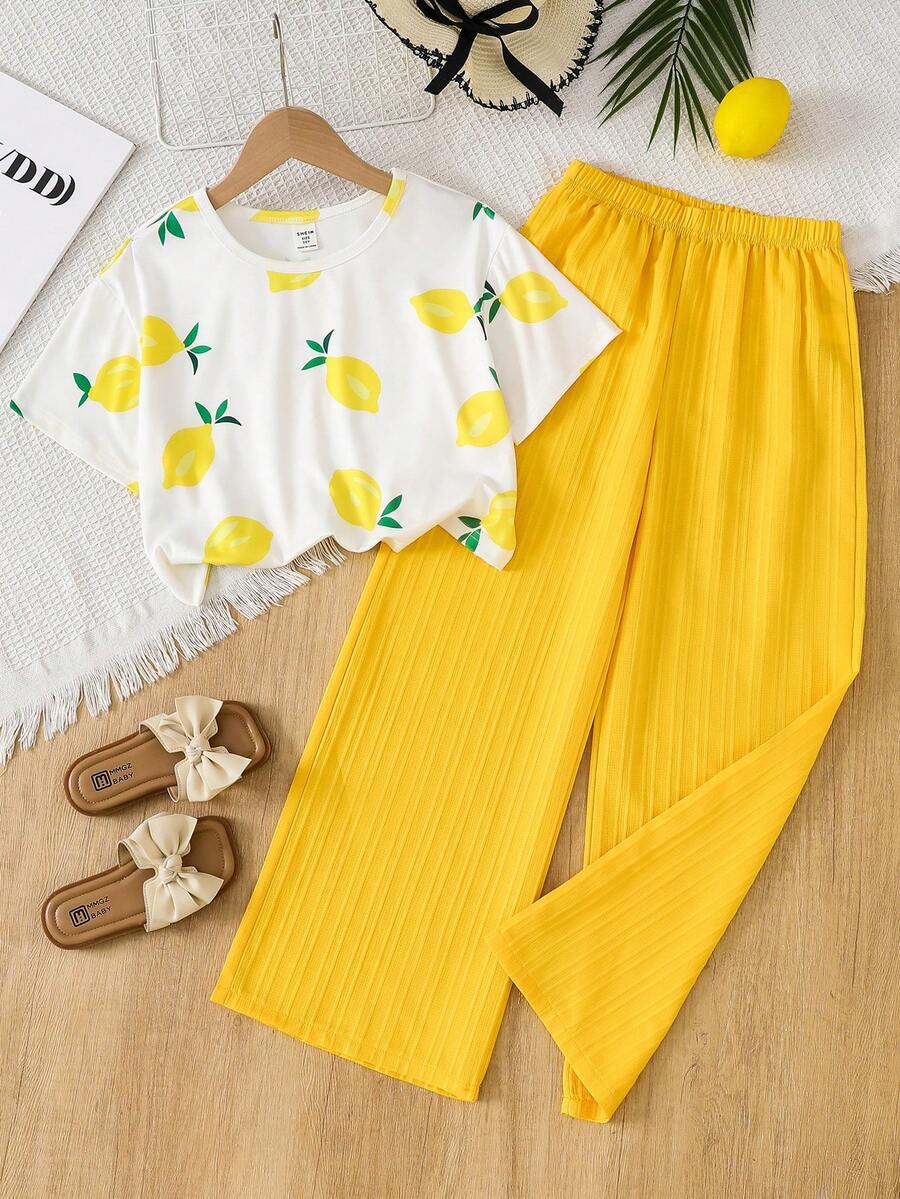 Tween Girl 2 Pieces Set, Fresh Lemon Print Round Neck Short Sleeve Top And Wide Leg Pants, Summer