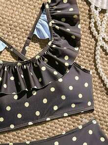 SHEIN Tween Girl Polka Dot Print Swimwear Set, Ruffled Trim Criss-Cross Strap, Suitable For Beach Vacation & Summer - Multicolor - View 4