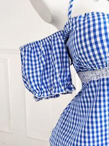 Sweetra Plus Size Summer Casual Plaid Cold Shoulder Halter Shirt - Blue - View 3