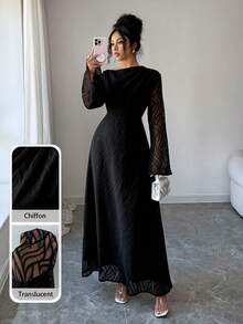 Modelyn Spring/Autumn Patchwork Sheer Bell Sleeve Waist Cinched Arabic Style Dress - Black - View 6