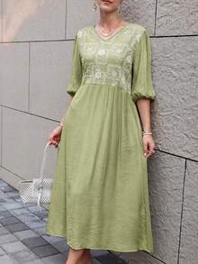 Mulvari Women's French Blue V-Neck Embroidered Petal Sleeve Loose Midi Dress - Green - View 6