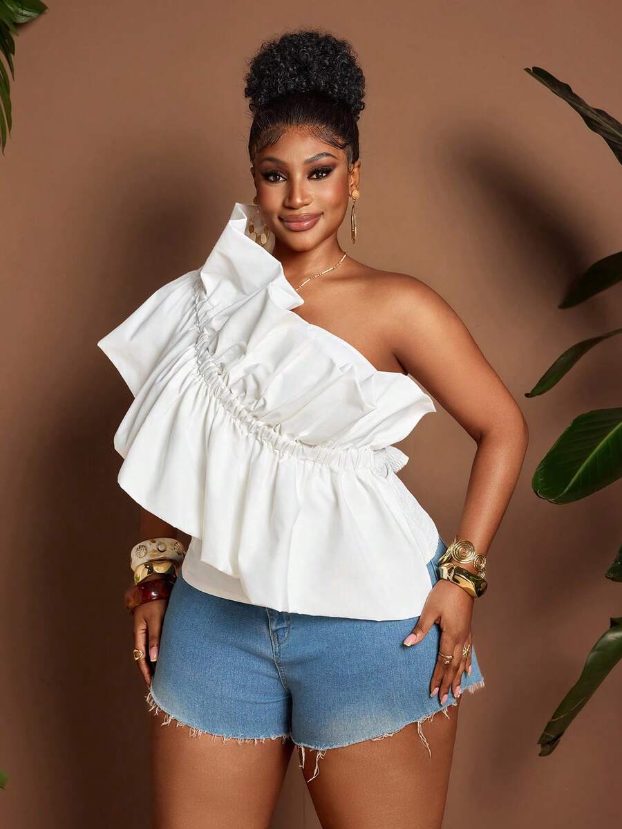 Maweii Plus Size Versatile Ruched Romantic Shoulder Blouse - White - View 1