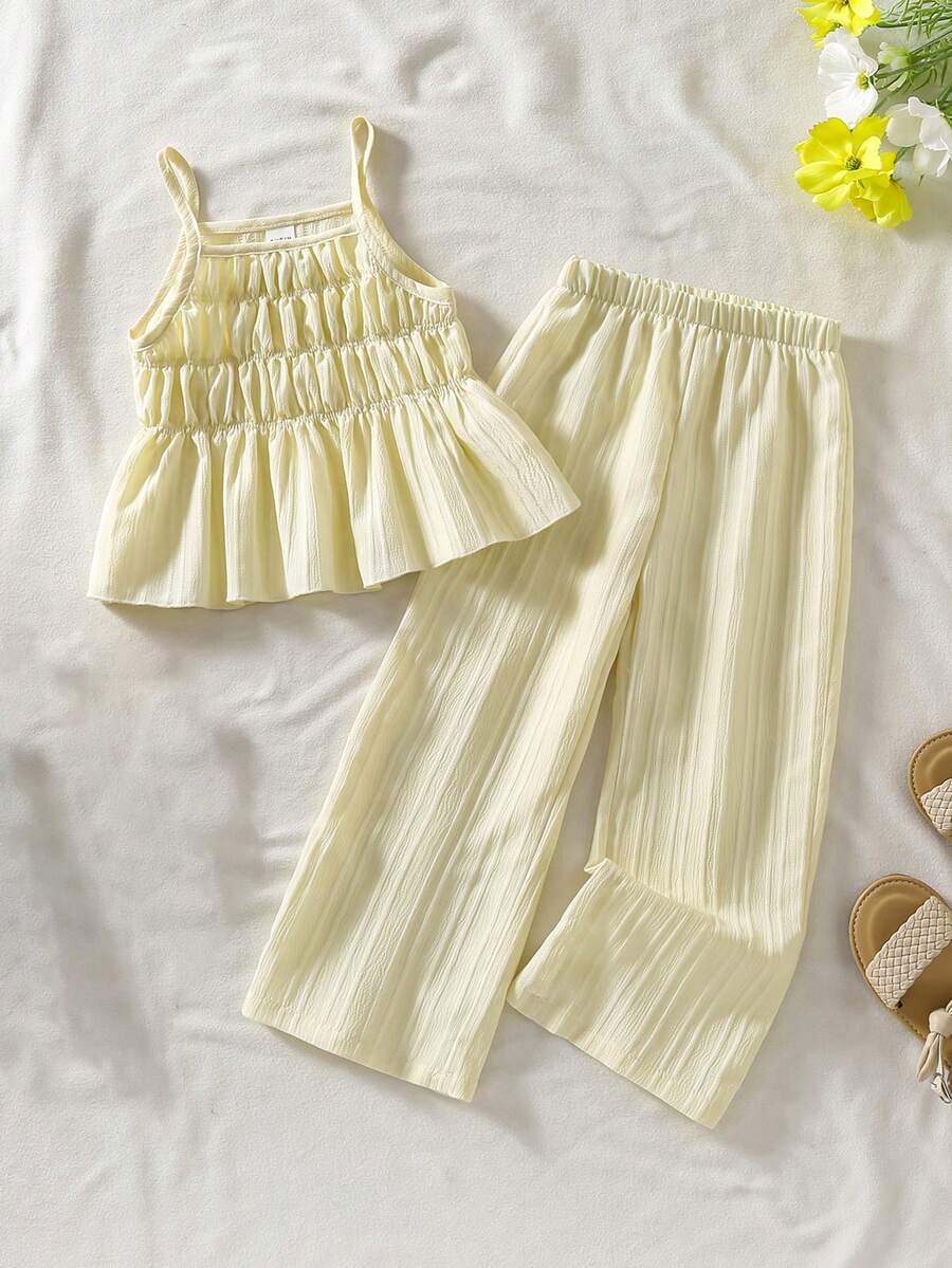 SHEIN Sparklyn 女童夏季纯色荷叶边吊带背心和裤子休闲套装 女童夏季套装 女童两件套夏季服装 女童荷叶边吊带背心和阔腿裤套装 夏季服装 黄色两件套 夏季服装 女童黄色套装 少女黄色两件套吊带背心和阔腿裤套装 - 米色 - 查看 1