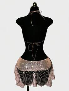 EgrlEra Women's Sexy Super Short Skirt, Fishnet Inlaid With Rhinestones, Shiny And Suitable For Party Occasions - Dusty Pink - View 3