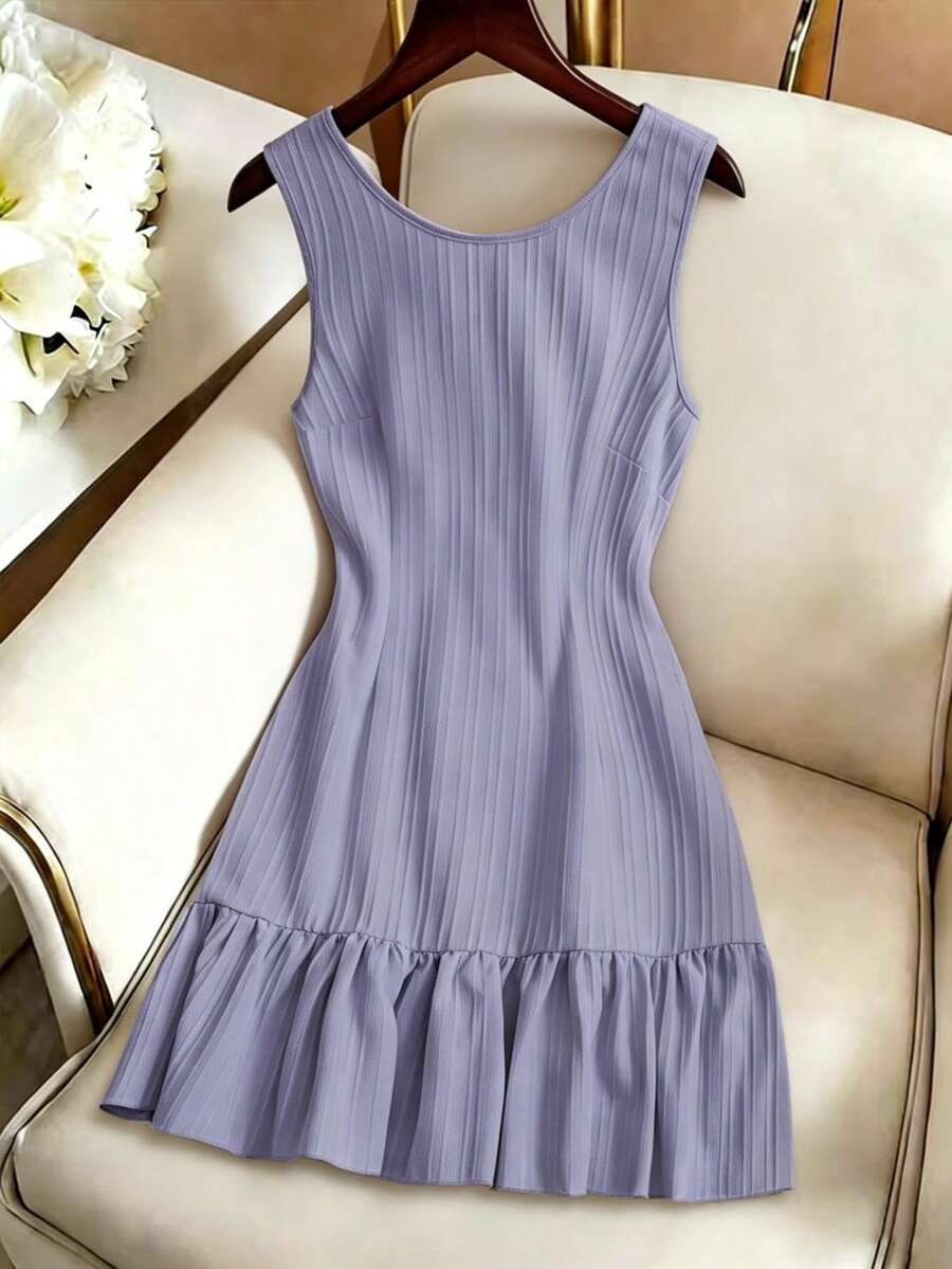 GlowEve Women's Summer Woven Sleeveless Round Neck Backless Tie Waist A-Line Ruffle Hem Casual Mini Dress - Purple - View 1