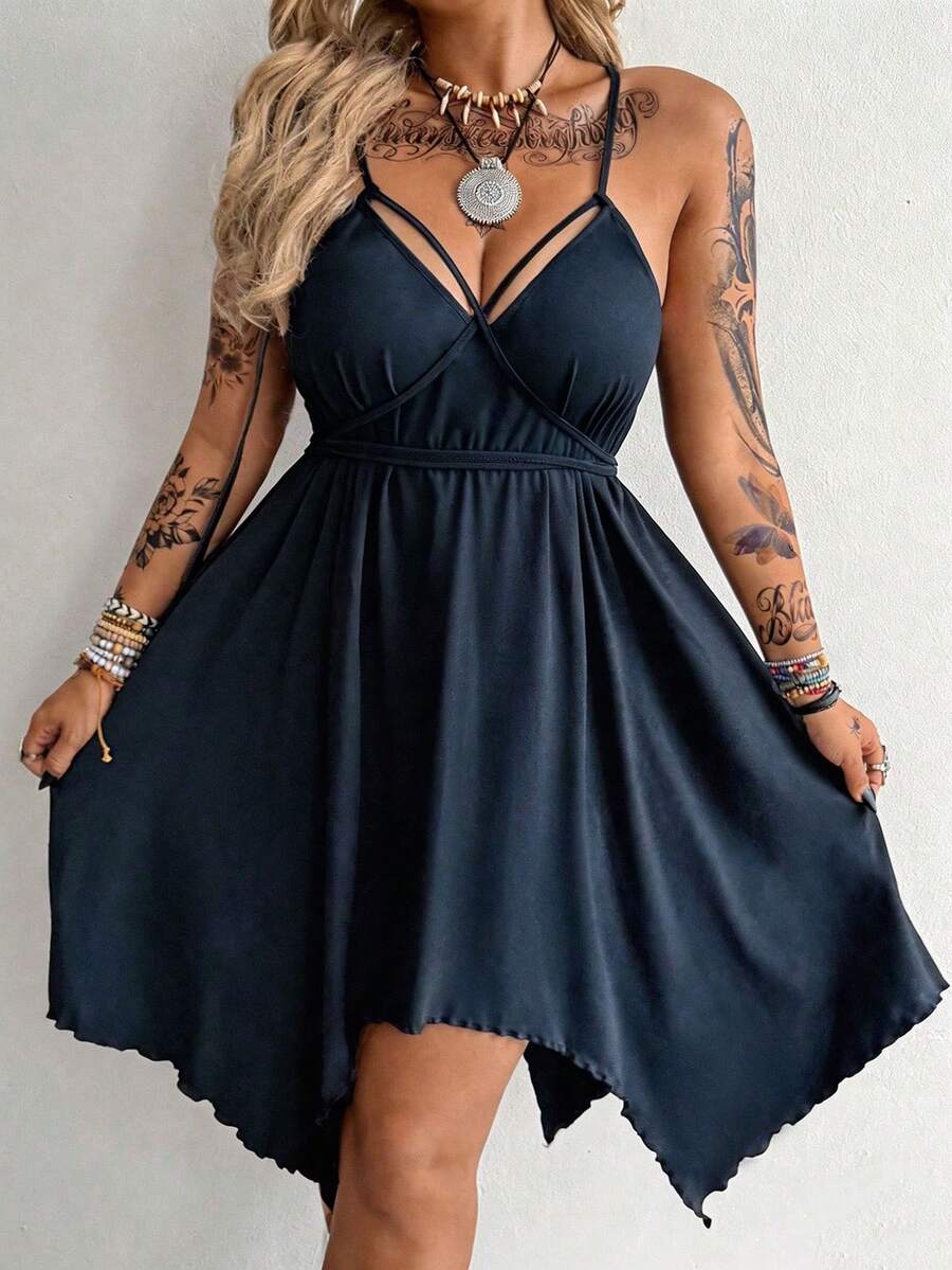 SHEIN Whyspr Plus Size Asymmetrical Hem Dark Style Dress - Navy Blue - View 1
