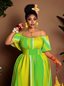 SHEIN CURVE+ Plus Size Sexy Off-Shoulder Cinched Waist Dress, Flattering Fit, Suitable For Halloween, Spring/Summer Beach Vacation Emerald Green - Green - View 4