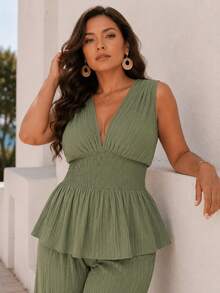ELLERISSA Plus Size Green Shirred Waist V-Neck Top & Wide Leg Trousers Co-Ord Set - Green - View 5