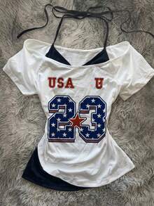 Attitoon Independence Day Women's Casual Retro V-Neck Halter Tie-Up Contrast Color Short Sleeve T-Shirt, Suitable For Summer - White - View 2