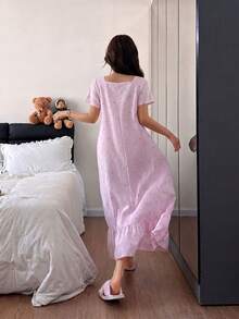Napfluff Pink Striped Bow Print Ruffle Hem Loose Mid-Length Short Sleeve Women Nightgown - Multicolor - View 2